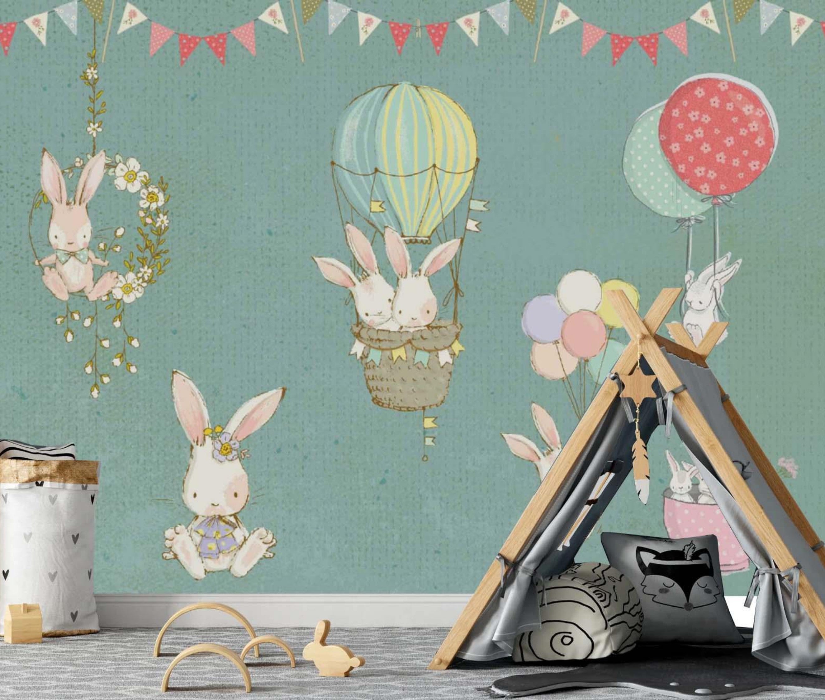 Dear Tiny Tales - Kids Wallpaper - Bunny Balloon Bonanza